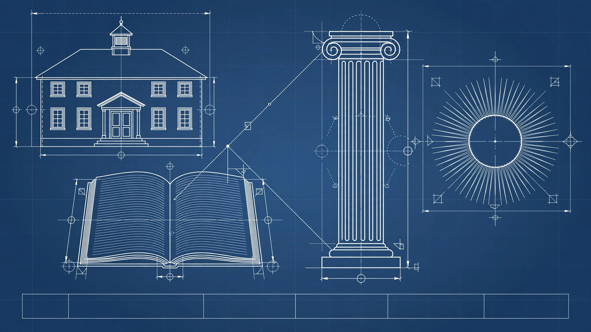 Architectural blueprint illustration of a schoolhouse, open book, classical column, and sun