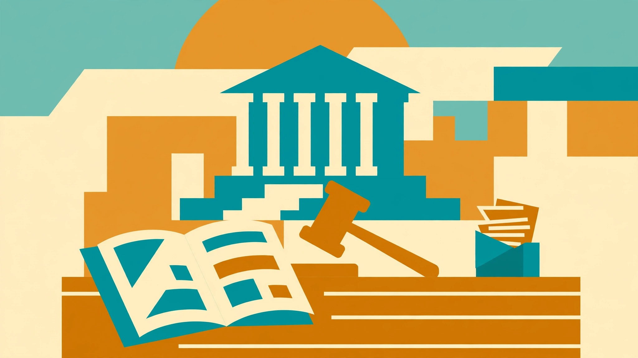 Geometric illustration of a courthouse, gavel, open law book, and stacks of papers