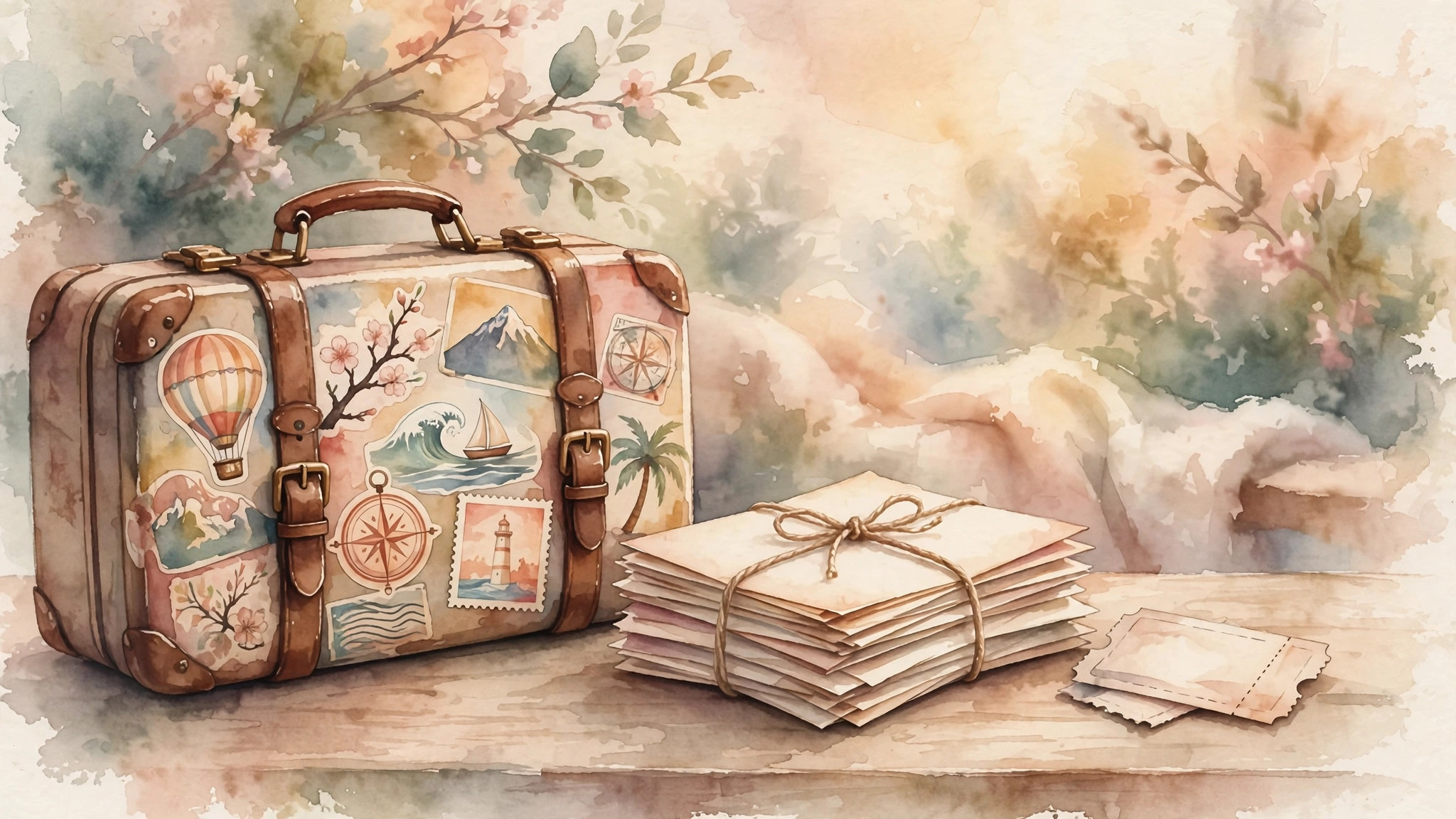 Watercolor illustration of a vintage travel suitcase covered in travel stickers beside a bundle of letters tied with twine