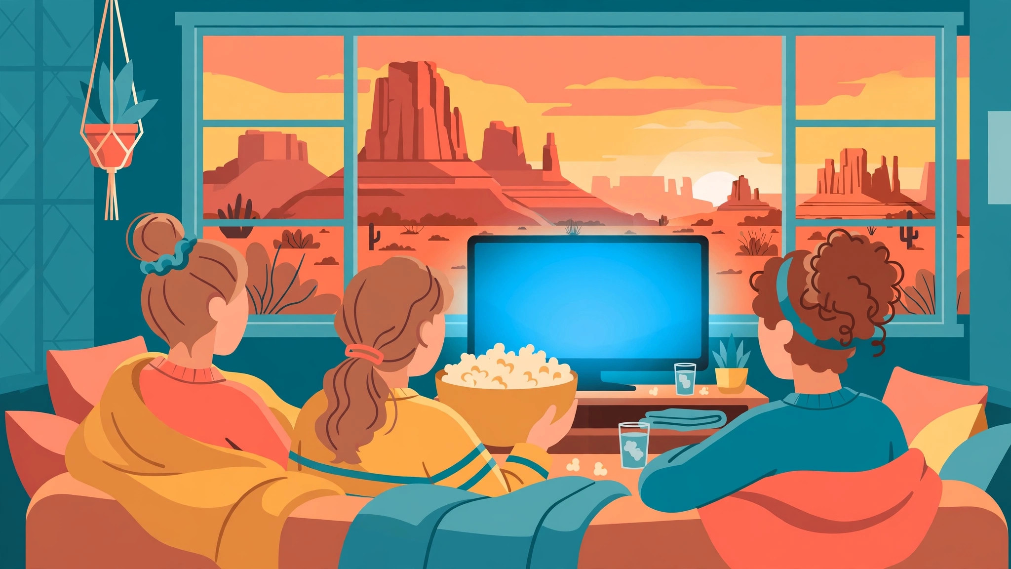 Illustration of three women watching TV with popcorn on a couch, with a desert sunset visible through the window