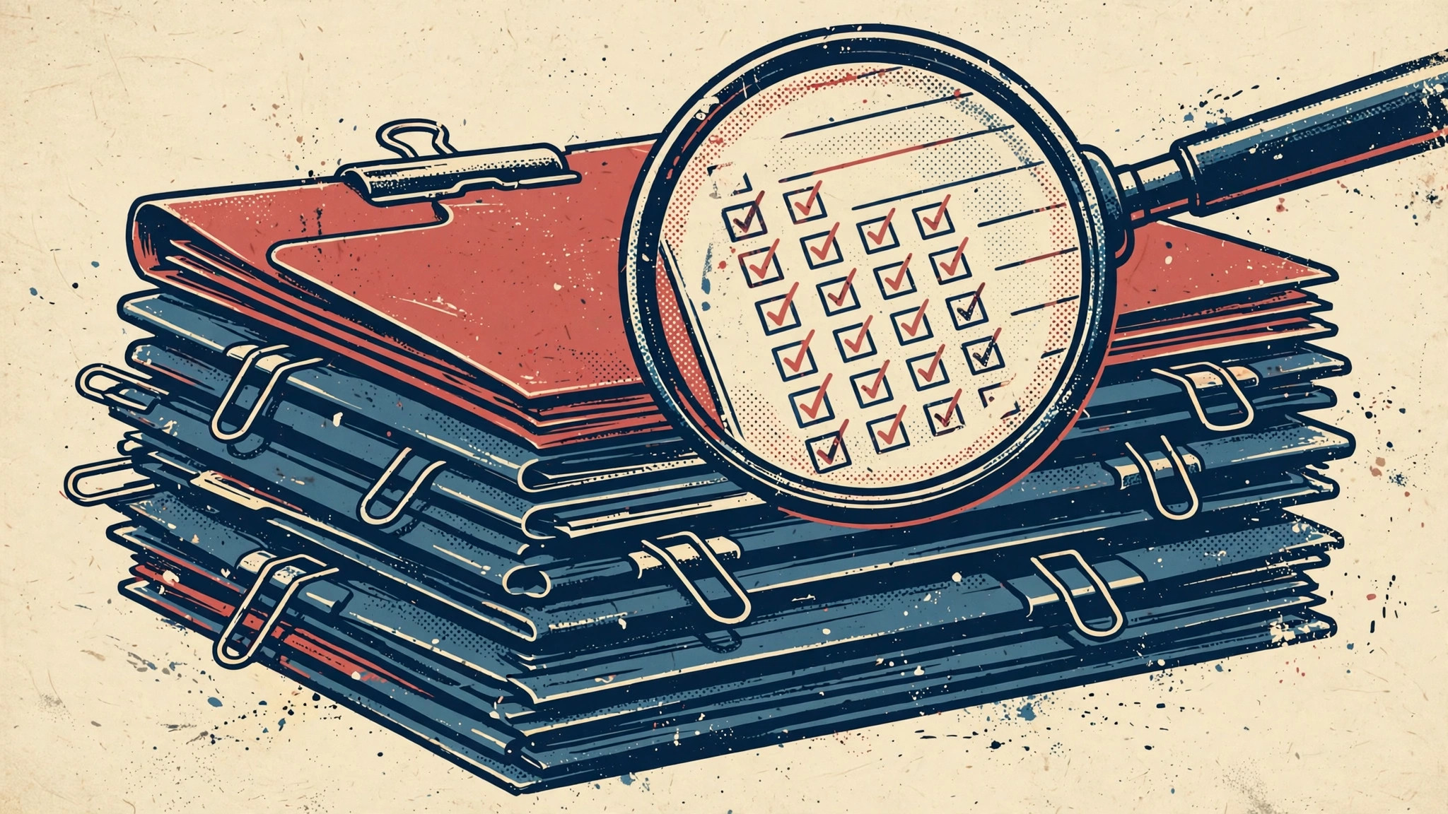 Vintage illustration of a clipboard with papers under a magnifying glass revealing checkmarks