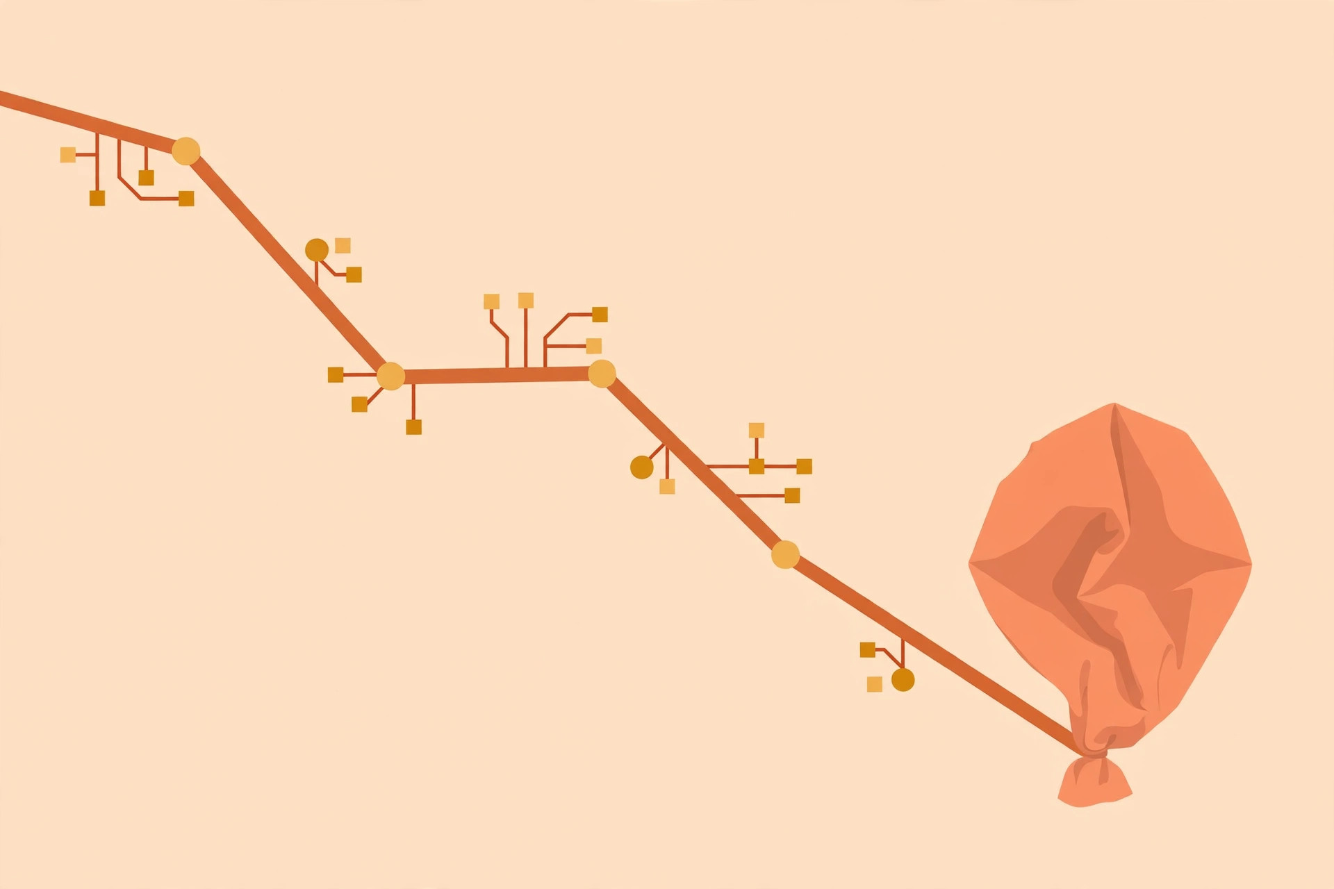 Minimalist illustration of a deflating balloon with a declining line chart along its string