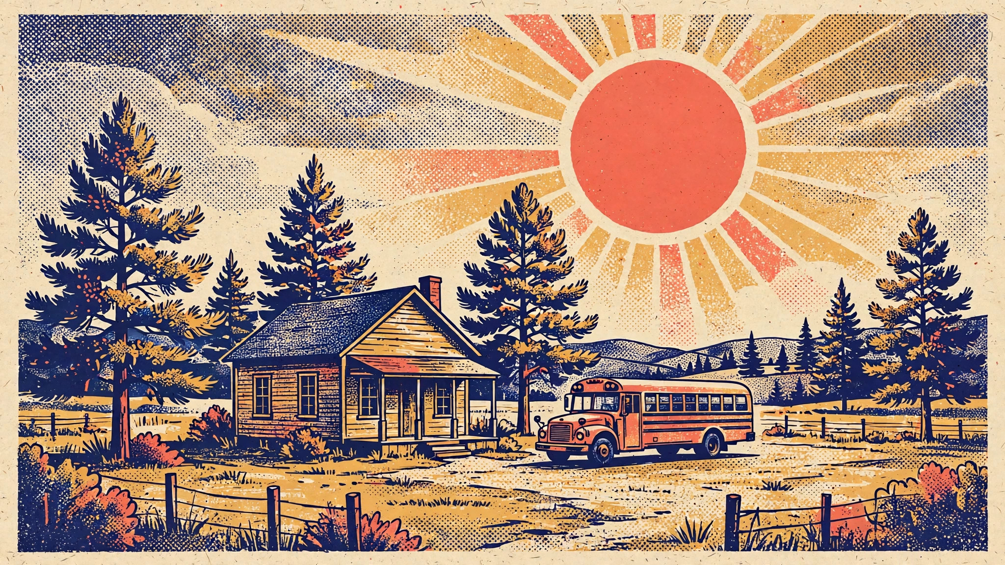 Vintage-style illustration of a rural house with a school bus, pine trees, and a large retro sun