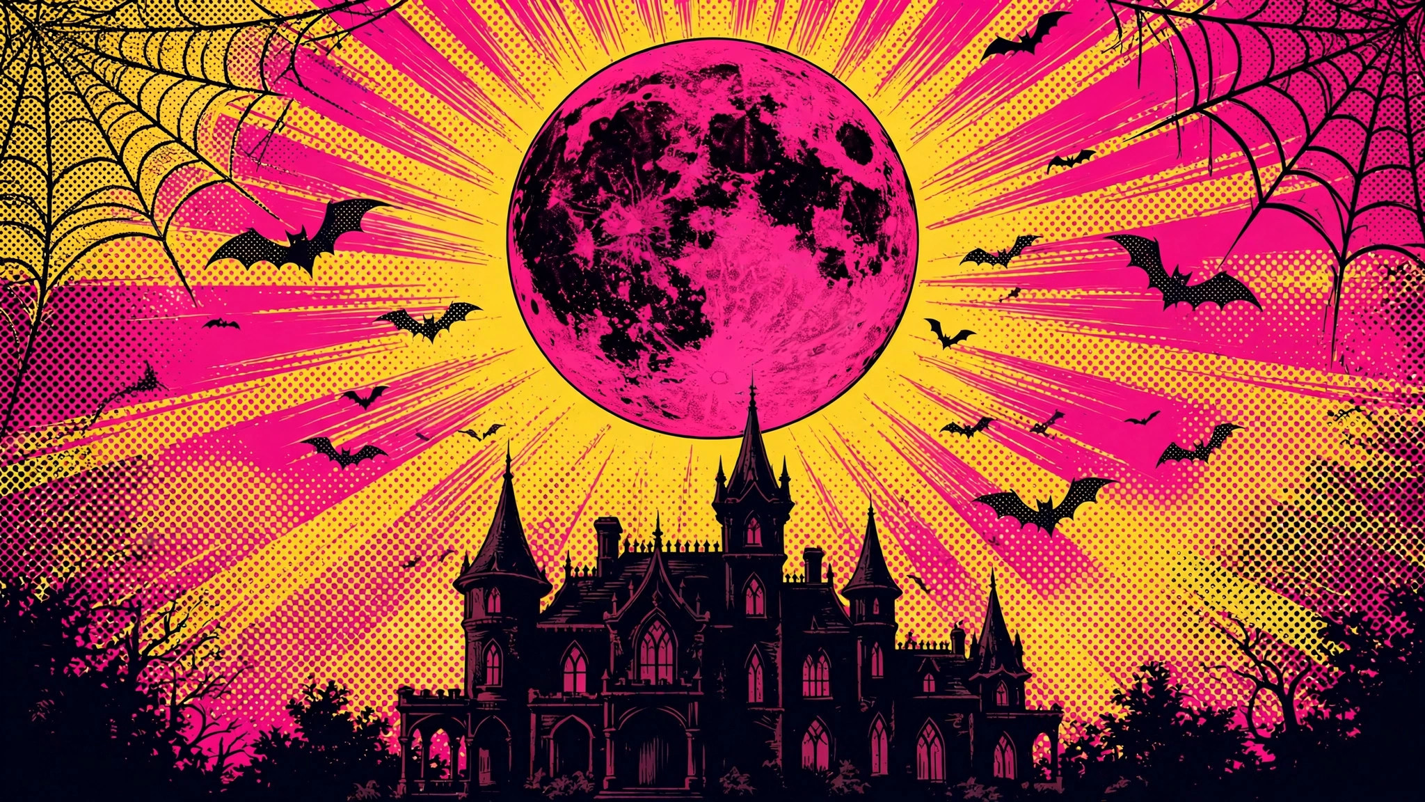 Pop-art illustration of a gothic mansion under a blood-pink full moon, with spider webs and bats