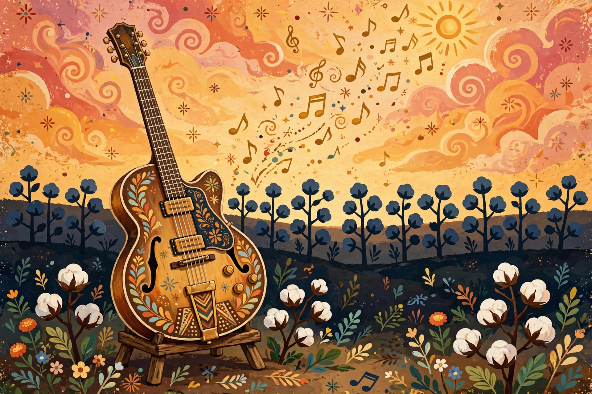 Painterly illustration of a hollow-body guitar on a stand in a blooming cotton field at sunset