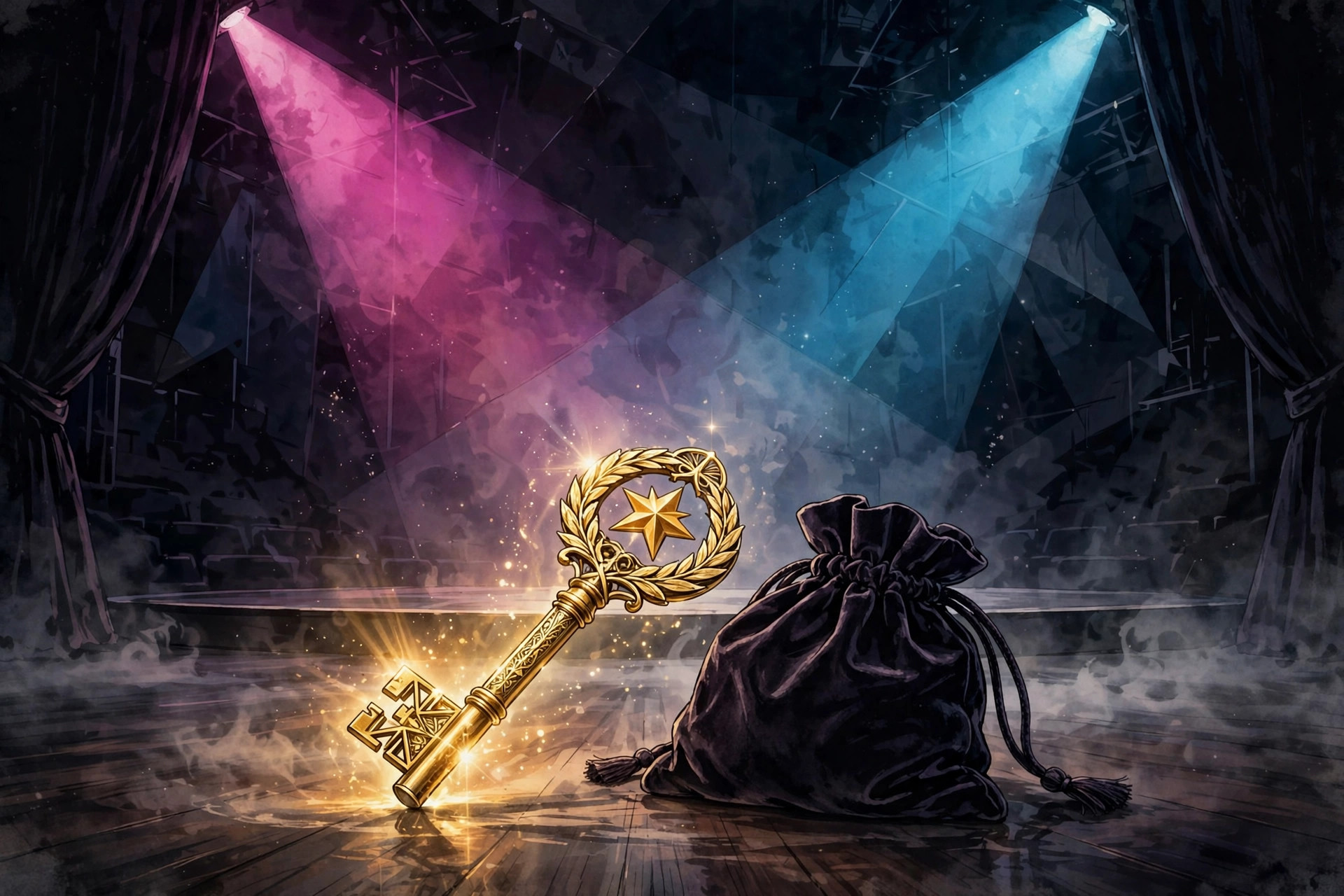Glowing gold key and velvet pouch on an empty game-show stage under magenta and cyan spotlights