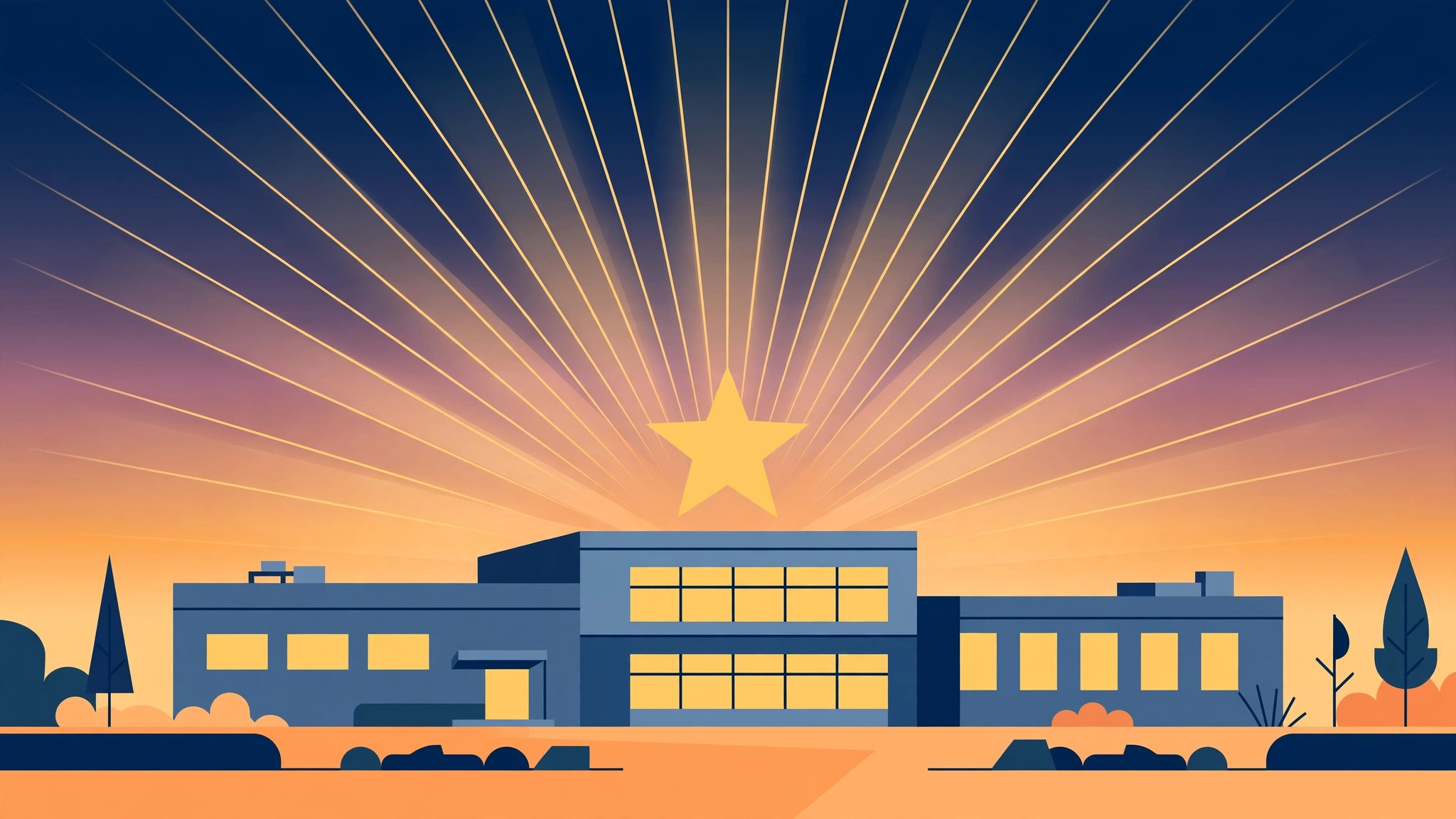 Illustration of a school building at sunrise with a star radiating above it