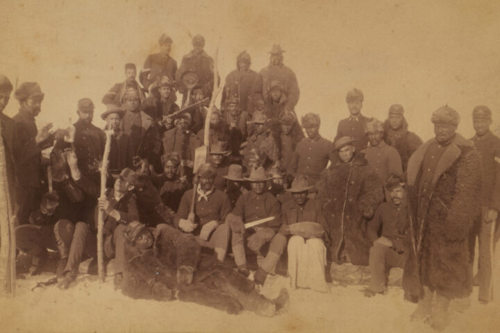Buffalo Soldiers of the 25th Infantry, some wearing buffalo robes, at Ft. Keogh, Montana, 1890 (Library of Congress)