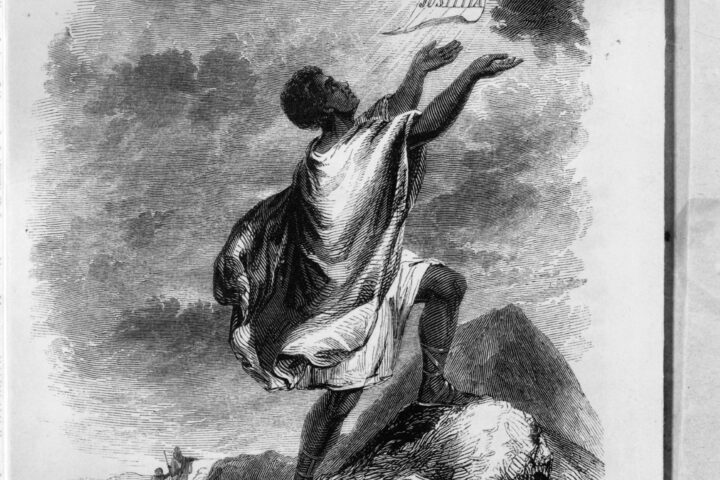 Engraved frontispiece from David Walker's Appeal, showing an enslaved man on a mountaintop reaching toward the words 'libertas justitia.'