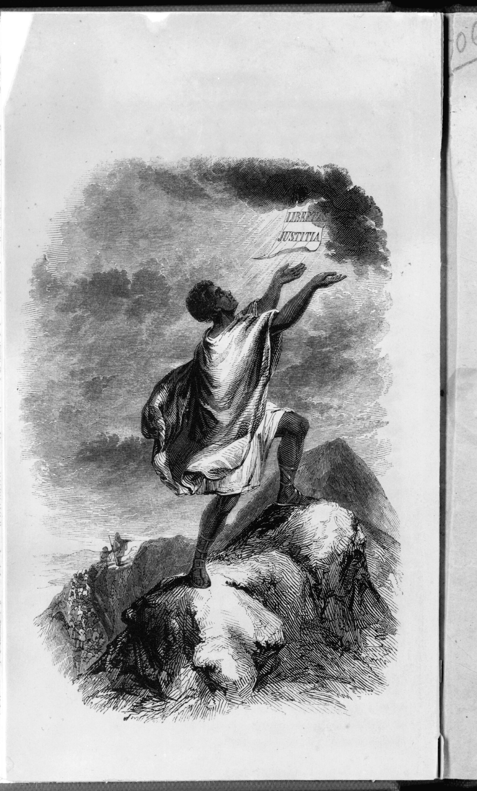 Engraved frontispiece from David Walker's Appeal, showing an enslaved man on a mountaintop reaching toward the words 'libertas justitia.'