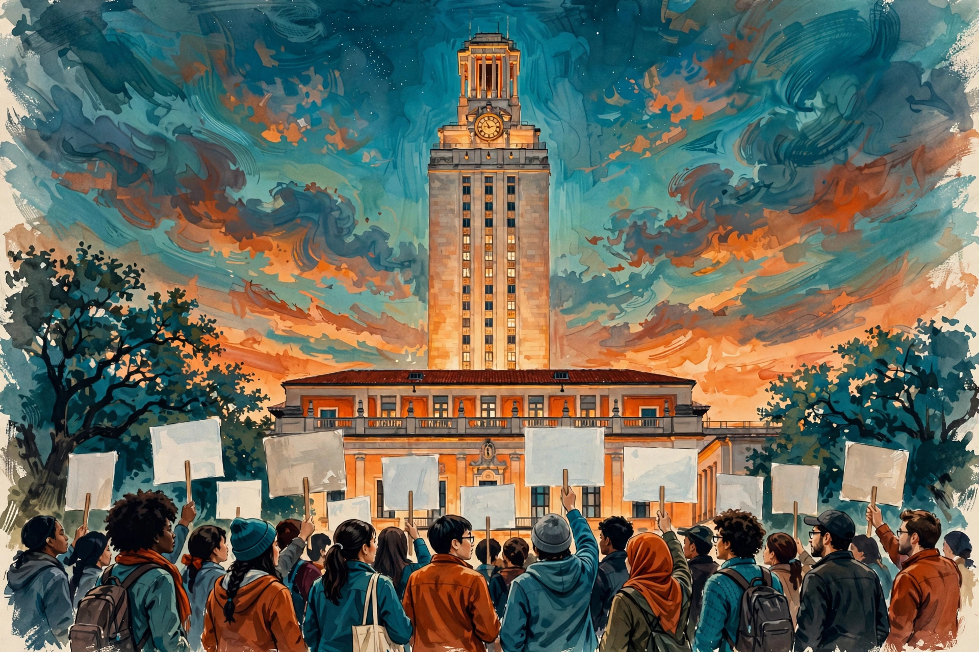 Painterly illustration of the UT Tower at dusk with diverse college students holding protest signs defending Black and Latino studies