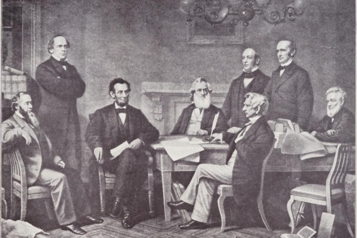 Francis Bicknell Carpenter's 1864 painting 'First Reading of the Emancipation Proclamation of President Lincoln' showing Lincoln presenting the proclamation to his cabinet.