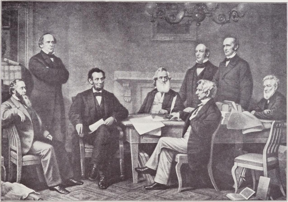Francis Bicknell Carpenter's 1864 painting 'First Reading of the Emancipation Proclamation of President Lincoln' showing Lincoln presenting the proclamation to his cabinet.