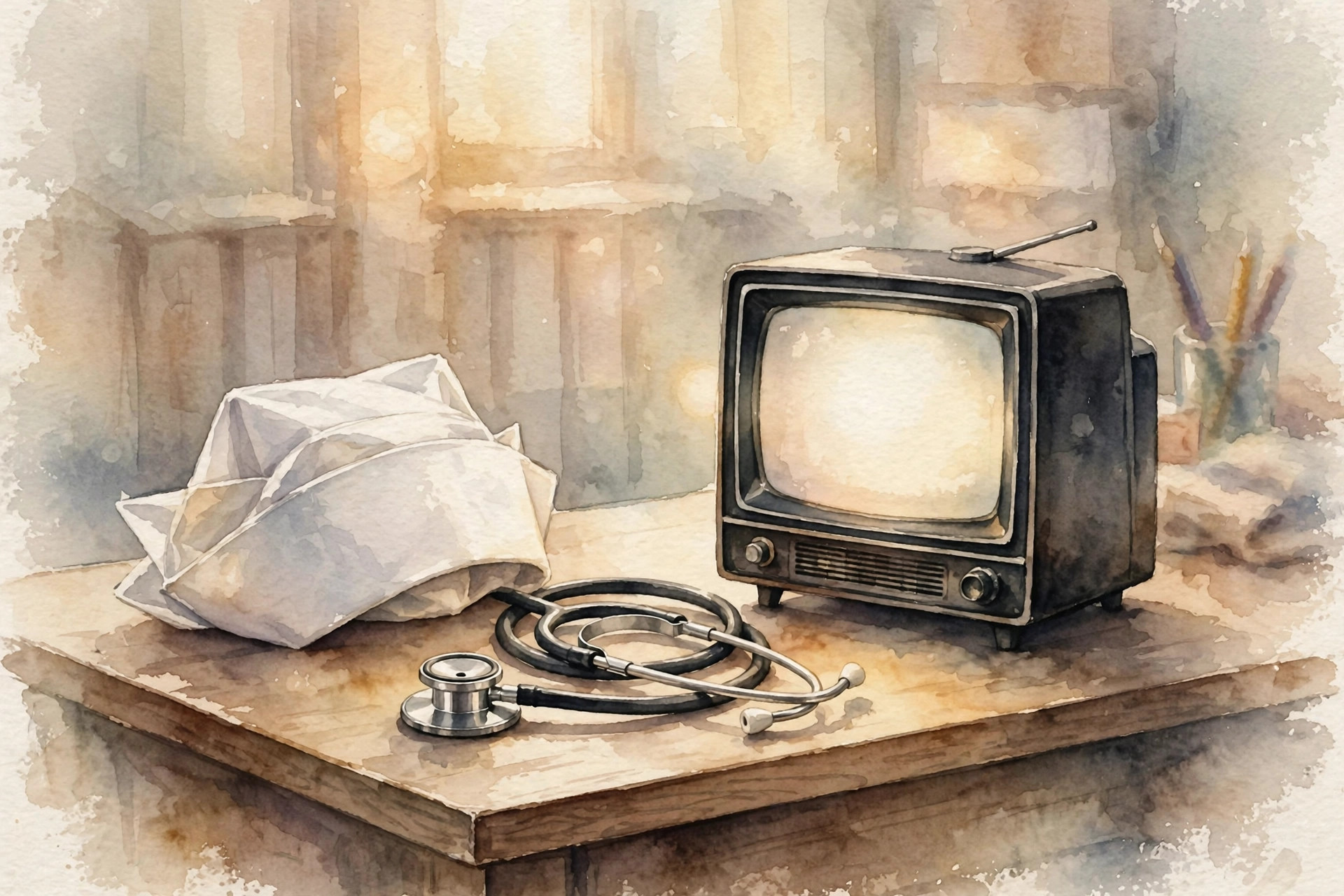 Watercolor illustration of a 1960s nurse's cap and stethoscope on a desk beside a small vintage television