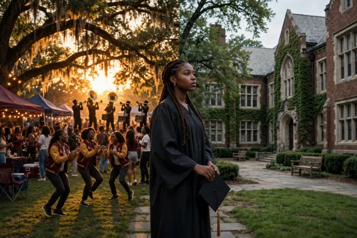 Split-scene illustration of an HBCU homecoming celebration and a PWI college campus