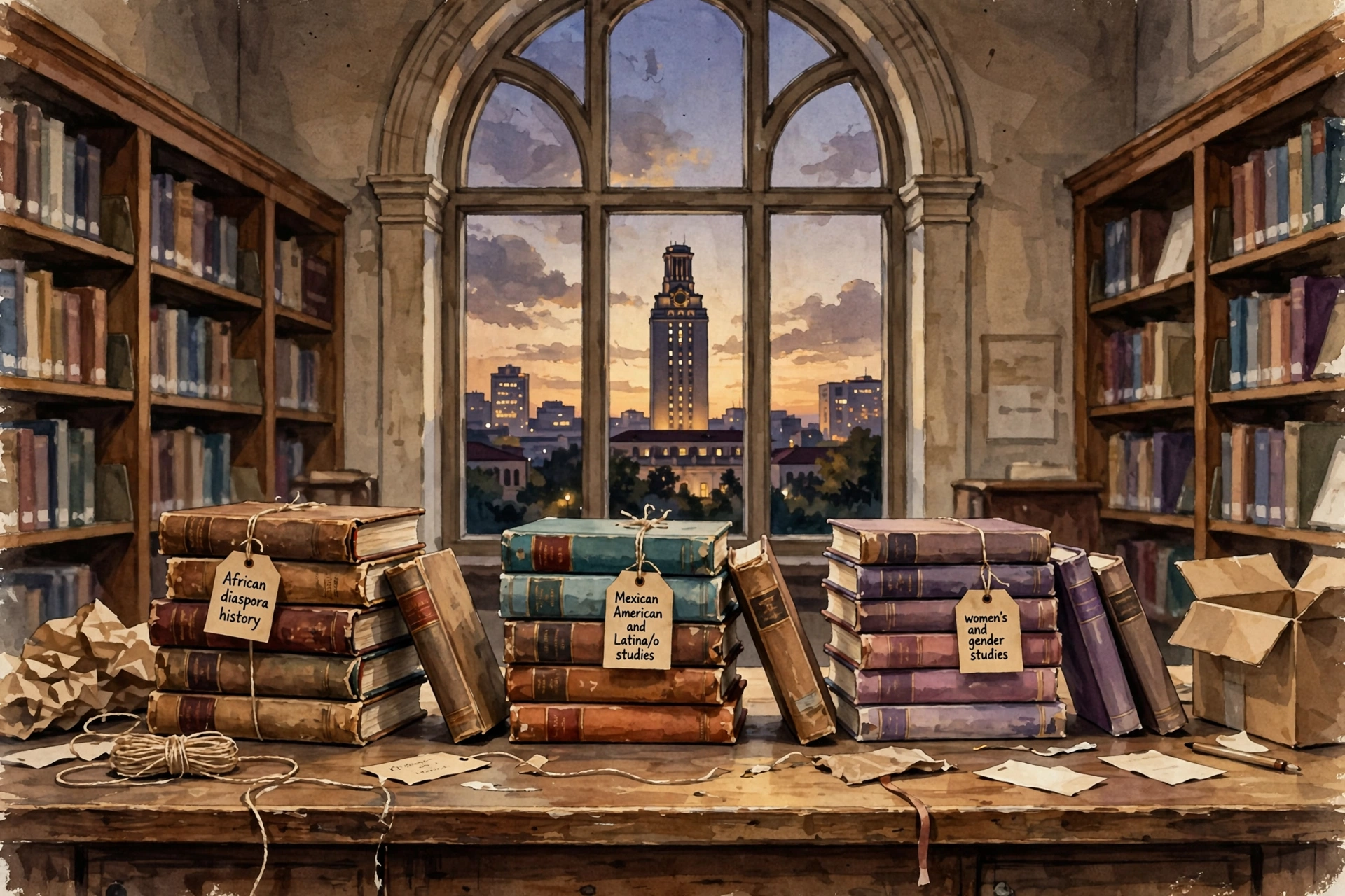 Stacks of textbooks for the three UT Austin majors being discontinued — African diaspora history, Mexican American and Latina/o studies, and women's and gender studies — with the UT Tower glowing at dusk through a library window