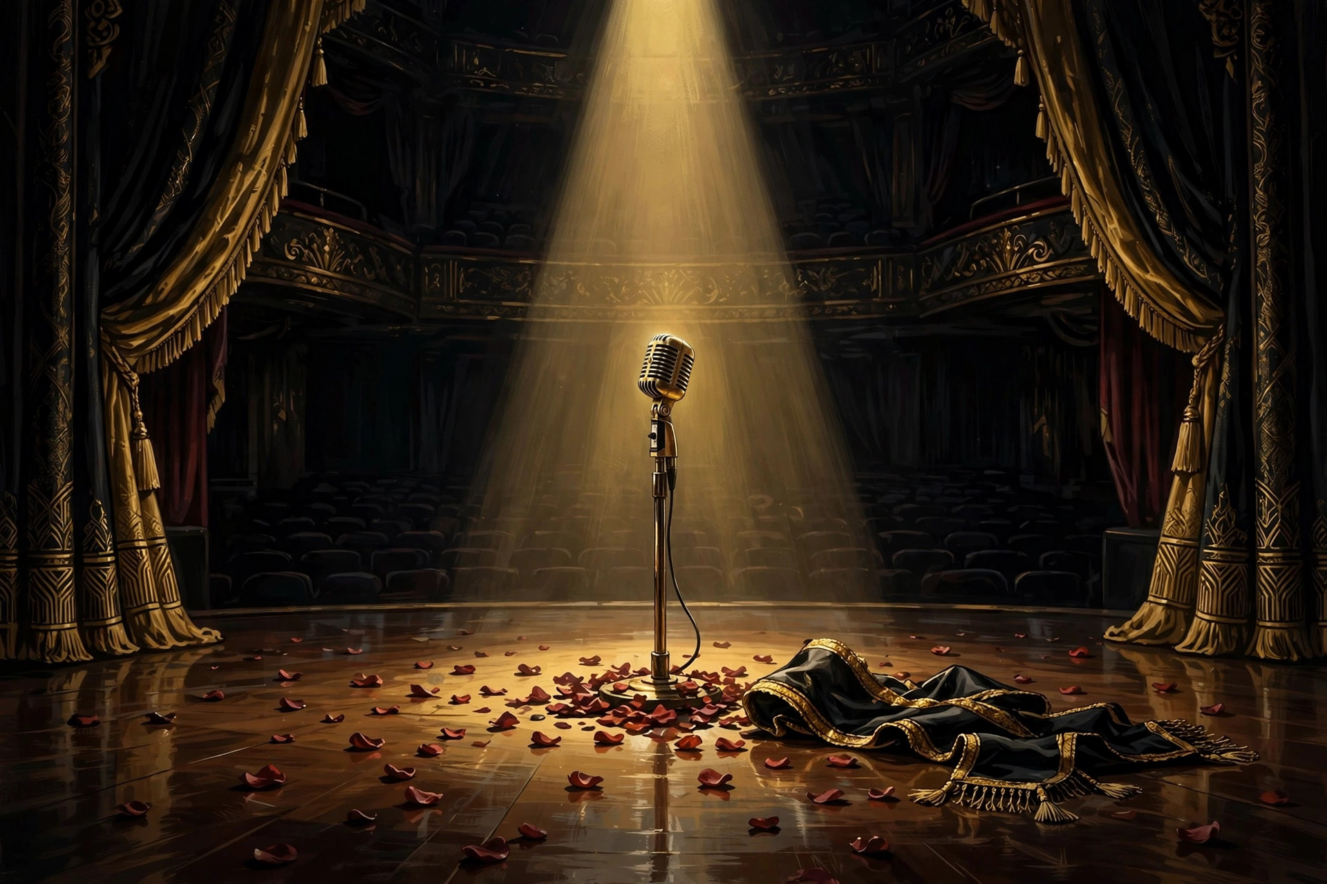 Illustration of an empty grand stage with a single spotlight on a vintage microphone, rose petals and a fallen sash on the floor