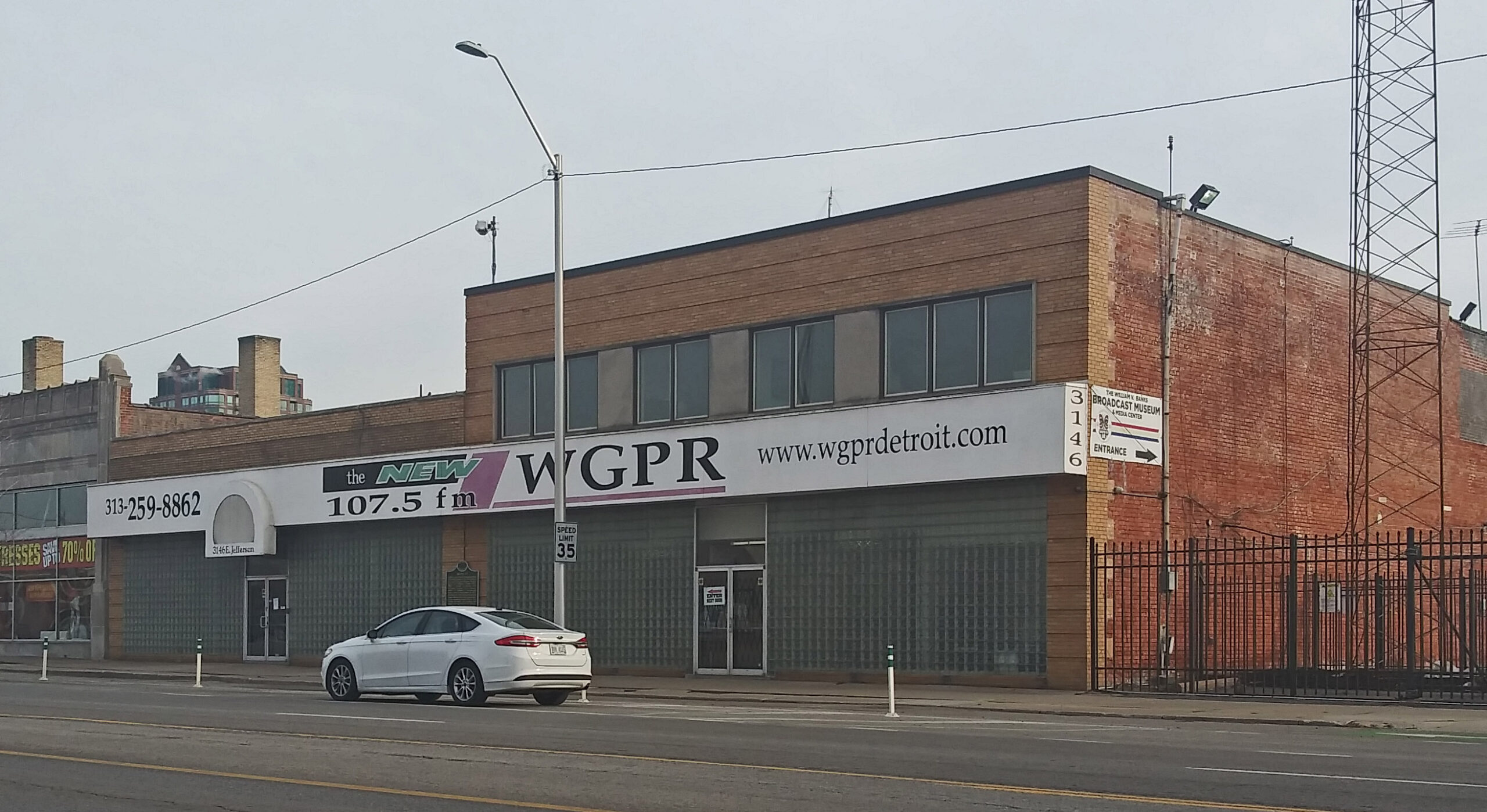 Exterior of the former WGPR-TV studios at 3146 East Jefferson Avenue in Detroit, now home to the William V. Banks Broadcast Museum & Media Center.