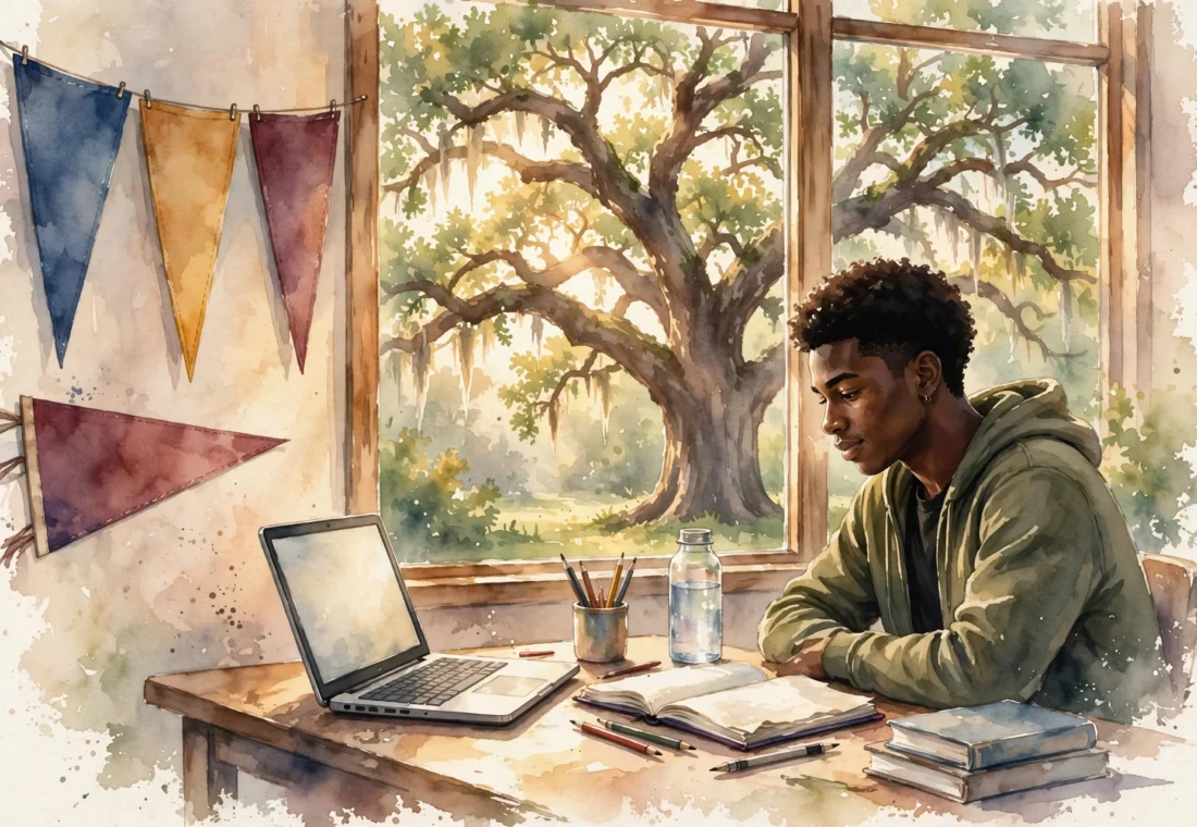 Watercolor illustration of a Black high school student working on a laptop