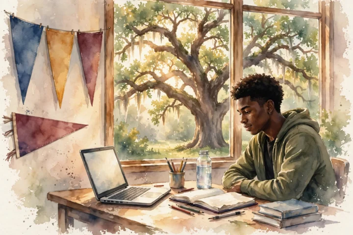 Watercolor illustration of a Black high school student working on a laptop