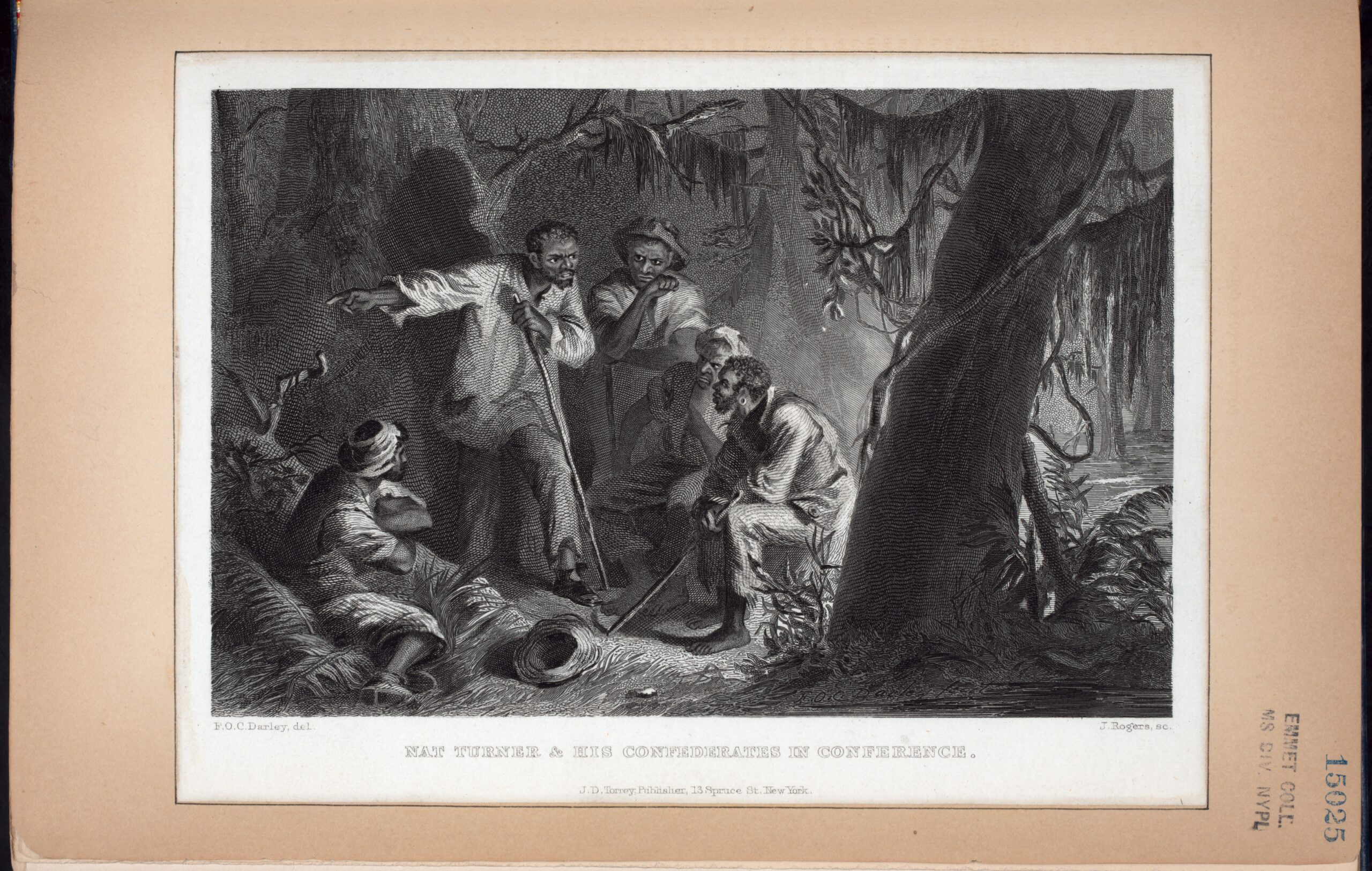 Engraving of Nat Turner conferring with his confederates in the woods before the 1831 rebellion.