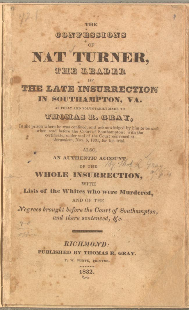 Title page of The Confessions of Nat Turner, 1831.